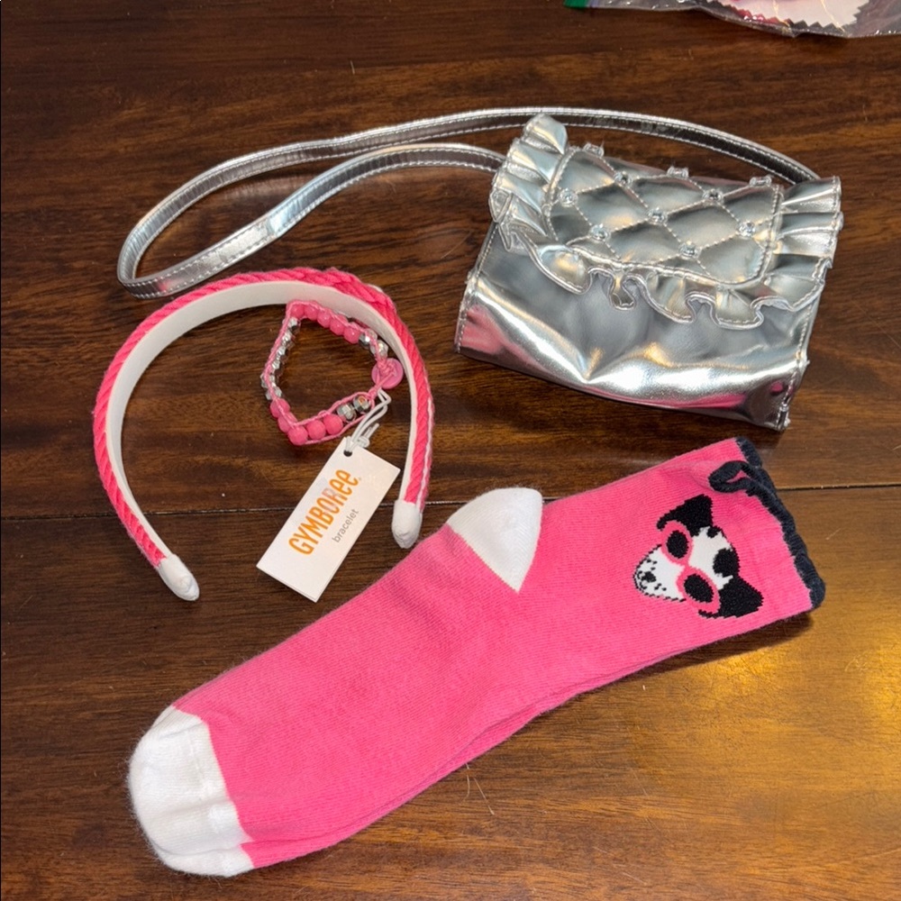 Gymboree daisy park socks, bracelet, headband, silver purse